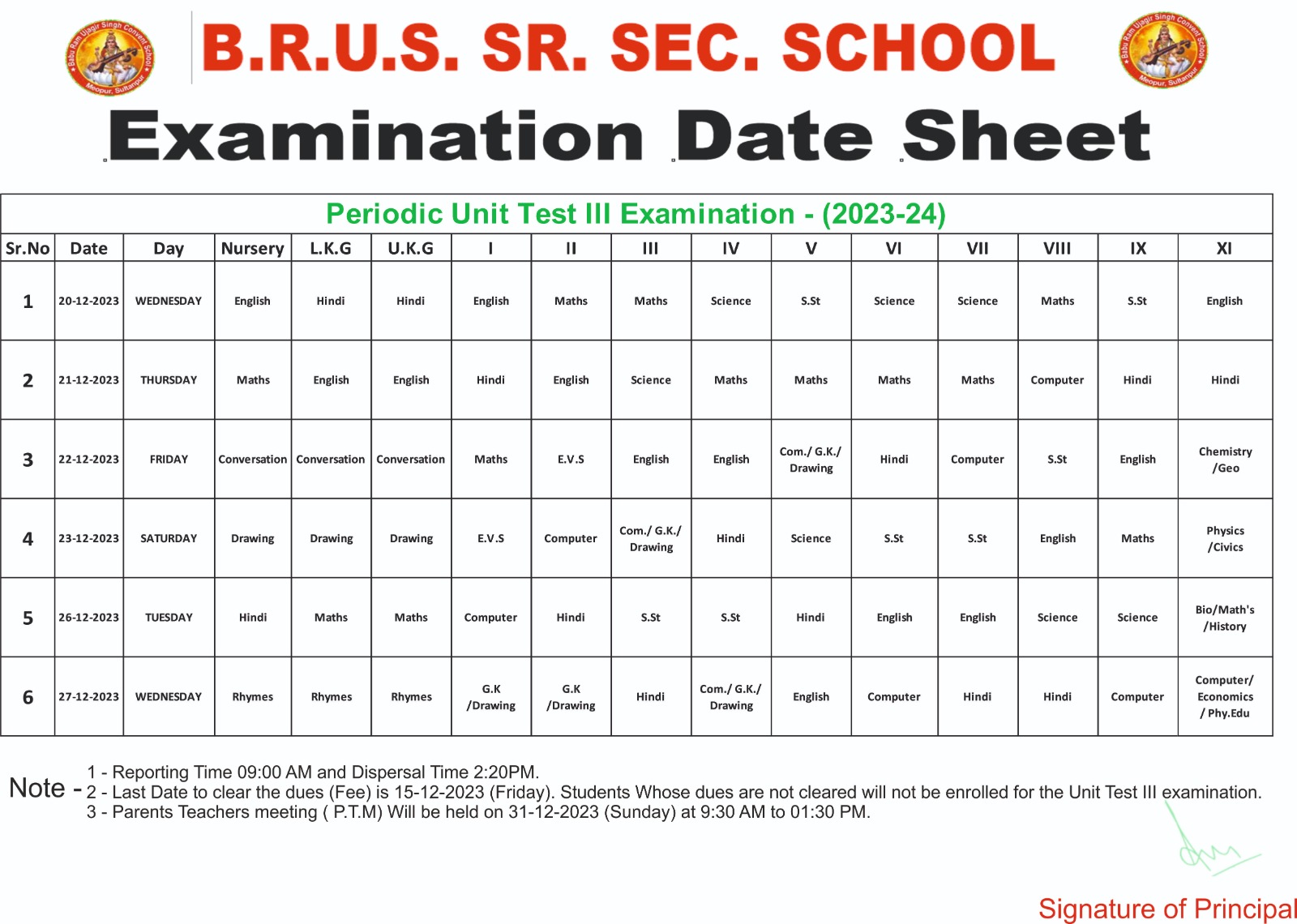 Examination Date Sheet for December 2023
